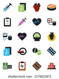 Color and black flat icon set - heart pulse vector, diagnosis, syringe, blood pressure, pills, blister, tomography, real, clipboard, hospital