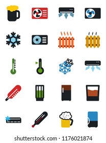 Color and black flat icon set - thermometer vector, heater, air conditioner, drink, beer, snowflake, fridge