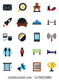 Color and black flat icon set - antenna vector, fence, spoon and fork, bed, manager, mail, bench, fireplace, blood pressure, sea shipping, shield, cell phone, abacus, client search, reception