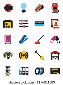Color and black flat icon set - left arrow vector, bulb, job, hoe, pills, traffic light, tuning, fingerprint id, photo gallery, paper binder, archive box, book, stapler, warehouse, reserved, plates