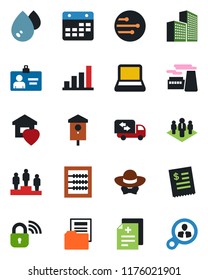 Color and black flat icon set - identity card vector, pedestal, factory, bird house, diagnosis, network, calendar, office building, bar graph, document folder, abacus, notebook pc, company, moving