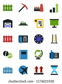 Color and black flat icon set - globe vector, growth statistic, ladder, pills, plane, office phone, up side sign, mobile camera, copybook, presentation board, mountains, garage, fence, factory