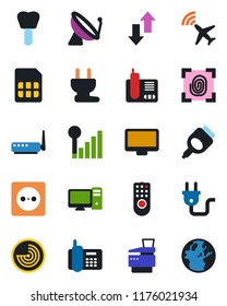 Color and black flat icon set - plane radar vector, satellite antenna, implant, office phone, monitor, radio, hdmi, sim, data exchange, cellular signal, copier, socket, power plug, fingerprint, pc