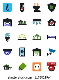 Color and black flat icon set - bed vector, greenhouse, house with garage, tree, sweet home, socket, power plug, remote control, air conditioner, app, energy saving bulb, gate, protect, information