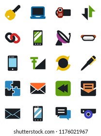 Color and black flat icon set - satellite antenna vector, mobile phone, mail, pen, video camera, cell, laptop pc, chain, rewind, message, data exchange, cellular signal, application, update, key