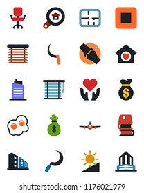 Color and black flat icon set - plane vector, sickle, heart hand, joint, stop button, brightness, office chair, book, plan, building, estate search, sweet home, city house, omelette, jalousie