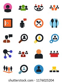 Color and black flat icon set - spoon and fork vector, checkroom, speaking man, team, patient, user, company, meeting, client search, consumer, group, social media, hierarchy