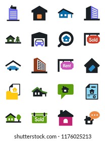 Color and black flat icon set - office building vector, house, with garage, tree, estate document, rent, sold signboard, search, smart home, city, message