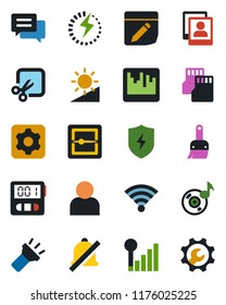 Color and black flat icon set - message vector, protect, settings, themes, user, stopwatch, scanner, sd, notes, wireless, torch, mute, brightness, cut, music, photo gallery, cellular signal, charge