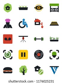 Color and black flat icon set - disabled vector, tree, seedling, barbell, vinyl, pause button, record, face id, eye, estate insurance, cook, alcove, hamburger, home control, warm floor, sprinkler