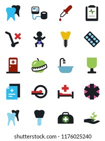 Color and black flat icon set - baby vector, medical room, doctor case, diagnosis, blood pressure, dropper, pills blister, tomography, ambulance star, hospital bed, tooth, implant, pulse clipboard