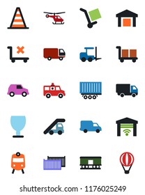 Color and black flat icon set - train vector, fork loader, ladder car, border cone, helicopter, ambulance, truck trailer, cargo container, delivery, fragile, no trolley, warehouse, railroad