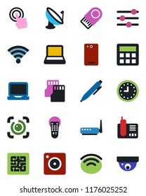 Color and black flat icon set - pen vector, clock, satellite antenna, remote control, touch screen, laptop pc, radio phone, back, mobile camera, tuning, calculator, sd, wireless, eye id, notebook