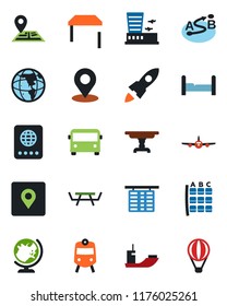 Color and black flat icon set - airport bus vector, train, passport, globe, plane, seat map, flight table, building, picnic, navigation, sea shipping, route, place tag, bedroom, rocket, earth