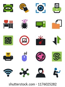 Color and black flat icon set - no laptop vector, bomb in case, mouse, desk, printer, virus, support, folder document, network, touch screen, share, data exchange, wireless, chip, pc, eye scan