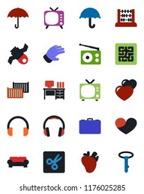 Color and black flat icon set - tv vector, case, abacus, desk, glove, real heart, satellite, cargo container, umbrella, radio, headphones, cut, cushioned furniture, chip, tie