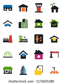 Color and black flat icon set - airport tower vector, barrier, elevator, building, house, greenhouse, store, warehouse storage, office, garage, estate document, factory, cafe, eco, warm floor