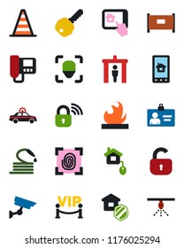 Color and black flat icon set - fence vector, security gate, alarm car, border cone, identity card, hose, flammable, face id, key, lock, estate insurance, vip zone, home control, fingerprint, app
