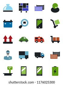 Color and black flat icon set - reception bell vector, ambulance car, doctor, support, cargo container, delivery, consolidated, up side sign, heavy scales, search, cell phone, mobile, battery
