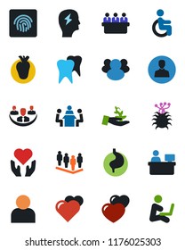 Color and black flat icon set - team vector, brainstorm, meeting, manager place, heart, disabled, hand, stomach, real, tooth, virus, group, user, fingerprint id, company, palm sproute