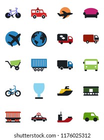 Color and black flat icon set - airport bus vector, waiting area, alarm car, wheelbarrow, ambulance, bike, earth, railroad, plane, sea shipping, truck trailer, delivery, fragile, moving