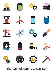 Color and black flat icon set - airport tower vector, factory, trowel, sea port, oil barrel, reel, battery, low, root setup, sun panel, windmill, crane, water heater, gear, hard work