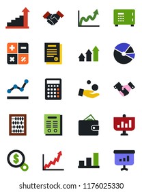 Color and black flat icon set - safe vector, handshake, growth statistic, calculator, abacus, bar graph, pie, point, contract, arrow up, wallet, money search, investment, presentation