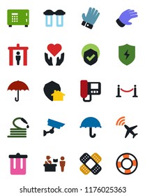 Color and black flat icon set - plane radar vector, fence, passport control, security gate, trash bin, safe, glove, hose, patch, heart hand, umbrella, shield, protect, intercome, water filter, home