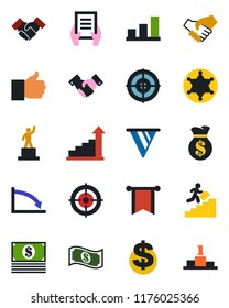 Color and black flat icon set - handshake vector, growth statistic, dollar sign, pedestal, document, finger up, bar graph, target, career ladder, police, money bag, pennon, crisis, cash