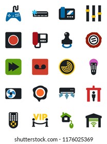 Color and black flat icon set - security gate vector, radar, stamp, gamepad, settings, remote control, fast forward, record, air conditioner, vip zone, home, intercome, garage