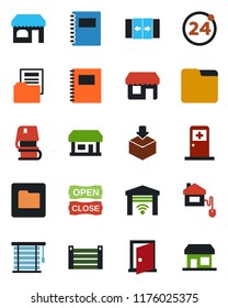 Color and black flat icon set - 24 around vector, automatic door, shop, medical room, store, container, package, folder, copybook, document, book, open close, home control, jalousie, garage gate
