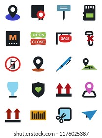 Color and black flat icon set - no mobile vector, plant label, heart shield, navigation, pin, fragile, up side sign, hook, barcode, sd, cut, place tag, sertificate, pen, sale, menu, open close