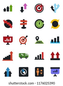Color and black flat icon set - elevator vector, growth statistic, crisis graph, route, signpost, navigation, up side sign, sorting, data exchange, compass, update, bar, moving, target, arrow, clock