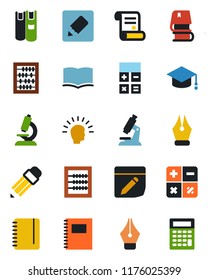 Color and black flat icon set - book vector, calculator, graduate, abacus, notepad, contract, microscope, notes, copybook, ink pen, pencil, shining head