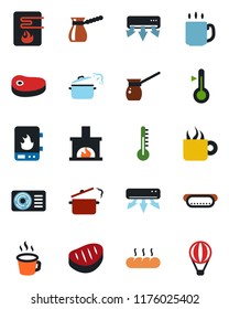 Color and black flat icon set - coffee vector, fireplace, air conditioner, bread, steak, hot dog, steaming pan, turkish, water heater, thermometer, balloon