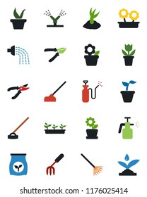 Color and black flat icon set - flower in pot vector, garden fork, rake, seedling, watering, sproute, pruner, hoe, sprayer, fertilizer, irrigation