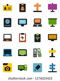 Color and black flat icon set - passport vector, identity, office binder, notebook pc, pulse clipboard, signpost, monitor, laptop, notes, photo gallery, presentation board, pass card, guidepost