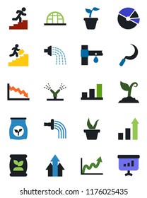 Color and black flat icon set - growth statistic vector, seedling, watering, sproute, sickle, greenhouse, fertilizer, drip irrigation, bar graph, pie, career ladder, arrow up, crisis, presentation