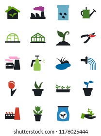 Color and black flat icon set - factory vector, flower in pot, seedling, watering can, sproute, pruner, greenhouse, seeds, pond, garden sprayer, fertilizer, tulip, eco house, palm