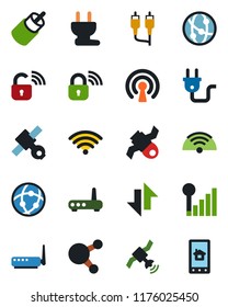 Color and black flat icon set - satellite vector, network, share, rca, data exchange, cellular signal, wireless, power plug, lock, router, home control app