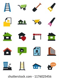 Color and black flat icon set - barrier vector, airport building, office, shovel, ladder, wheelbarrow, saw, house, with garage, tree, estate document, sweet home, message