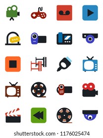 Color and black flat icon set - ticket office vector, clapboard, film frame, reel, tv, gamepad, video camera, play button, stop, rewind, hdmi, record, web, intercome, surveillance