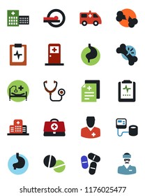 Color and black flat icon set - medical room vector, doctor case, diagnosis, stethoscope, blood pressure, pills, tomography, ambulance car, hospital bed, stomach, broken bone, pulse clipboard
