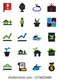 Color and black flat icon set - bomb in case vector, manager, contract, seedling, greenhouse, pond, fertilizer, important flag, application, point graph, house with tree, fruit, eco, money bag