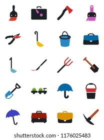 Color and black flat icon set - suitcase vector, umbrella, baggage larry, job, shovel, farm fork, bucket, pruner, axe, scalpel, themes, case, ladle, hard work