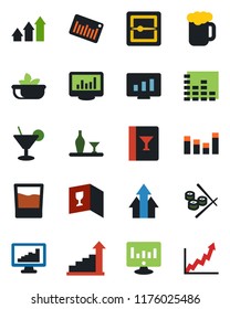 Color and black flat icon set - growth statistic vector, monitor, barcode, equalizer, scanner, statistics, alcohol, wine card, drink, cocktail, beer, salad, sushi, arrow up graph