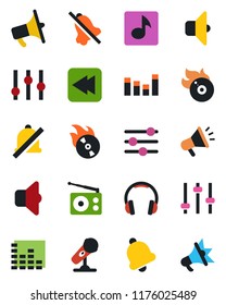 Color and black flat icon set - flame disk vector, microphone, radio, loudspeaker, settings, equalizer, headphones, rewind, tuning, bell, mute, music, sound, advertising