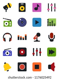 Color and black flat icon set - vinyl vector, microphone, radio, settings, equalizer, headphones, speaker, play button, stop, fast forward, rec, tuning, bell, record, music, sound