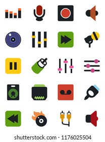Color and black flat icon set - vinyl vector, flame disk, microphone, speaker, settings, equalizer, pause button, fast forward, rewind, rca, hdmi, tuning, record, sound