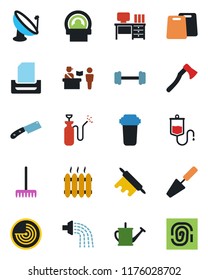 Color and black flat icon set - passport control vector, radar, desk, trowel, rake, watering can, axe, garden sprayer, dropper, tomography, barbell, satellite antenna, paper tray, heater, knife